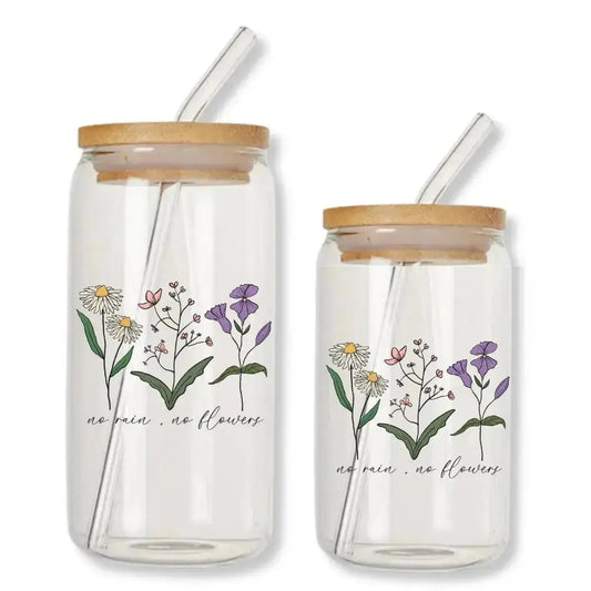No Rain, No Flowers Cup Can Glass Tumbler with Bamboo Lid & Straw
