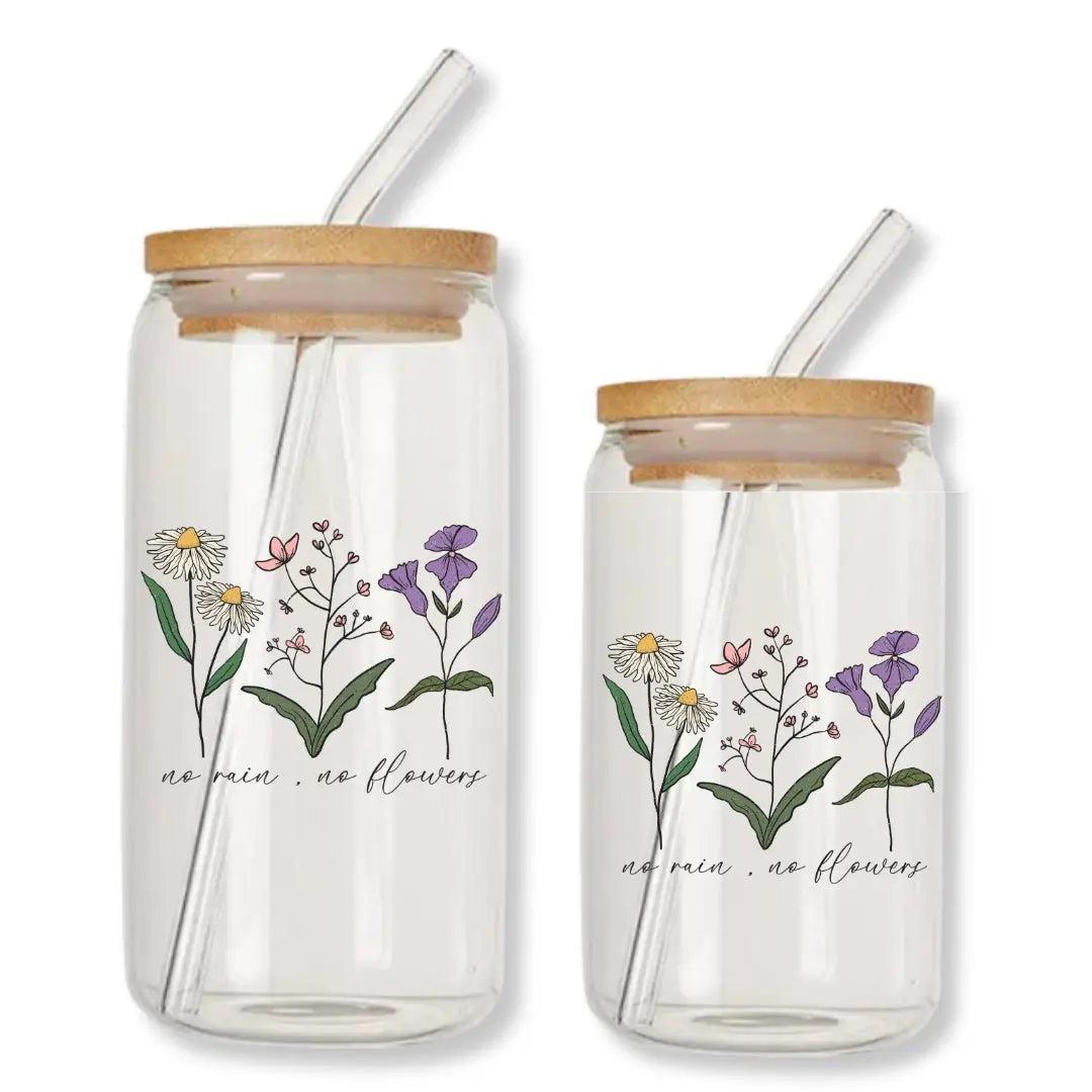 No Rain, No Flowers Glass Cup Can Glass Tumbler with Bamboo Lid & Straw