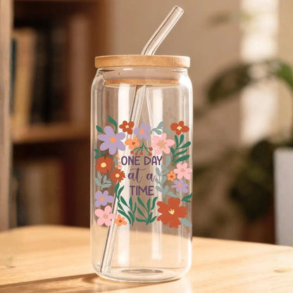 One Day at a Time Floral 16 oz. or 20 oz. Glass Can Cup