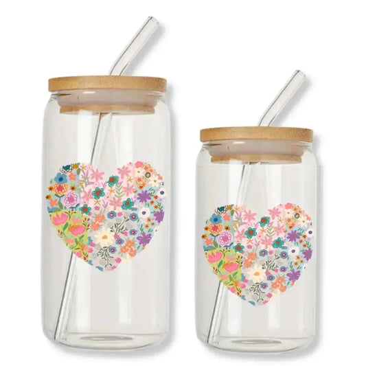Pastel Floral Heart Cup Can Glass Tumbler with Bamboo Lid & Straw