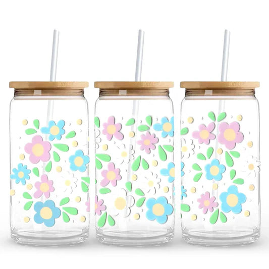 Pastel Flowers 16 oz. or 20 oz. Glass Can Cup