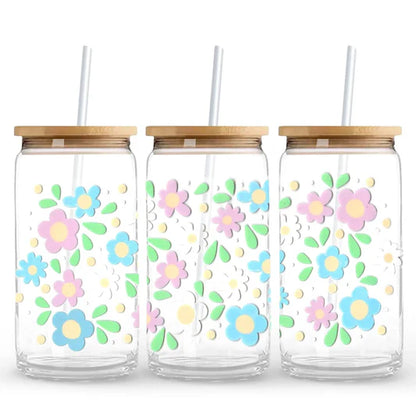 Pastel Flowers 16 oz. or 20 oz. Glass Can Cup