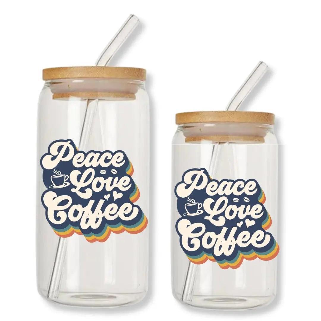 Peace Love Coffee Can Glass Tumbler with Bamboo Lid & Straw