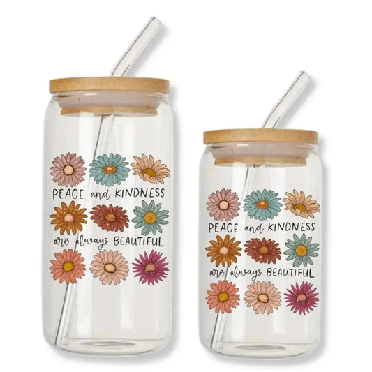 Peace and Kindness Cup are Always Beautiful Can Glass Tumbler with Bamboo Lid & Straw