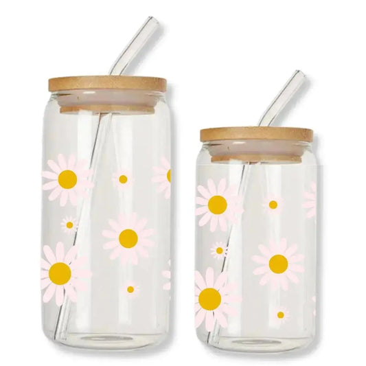 Pink Daisy Flowers Cup Can Glass Tumbler with Bamboo Lid & Straw