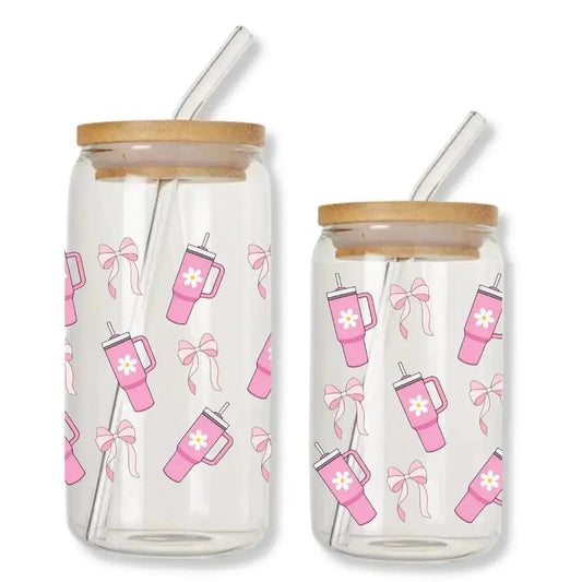 Pink Daisy Tumblers & Bows Cup Can Glass Tumbler with Bamboo Lid & Straw