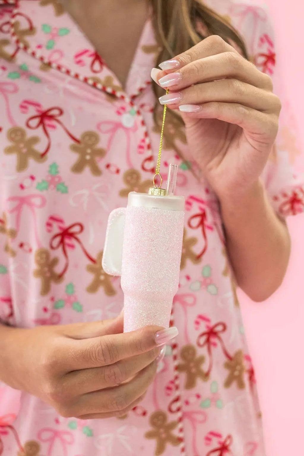 Pink Glittered Trendy Tumbler Christmas Ornament - Pink Glitter Cup