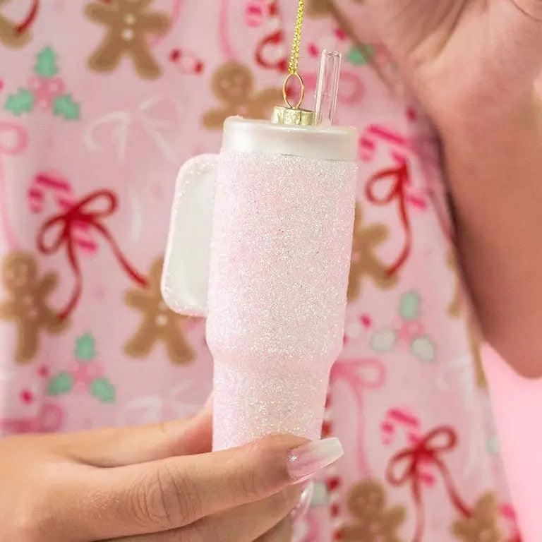 Pink Glittered Trendy Tumbler Christmas Ornament - Pink Glitter Cup