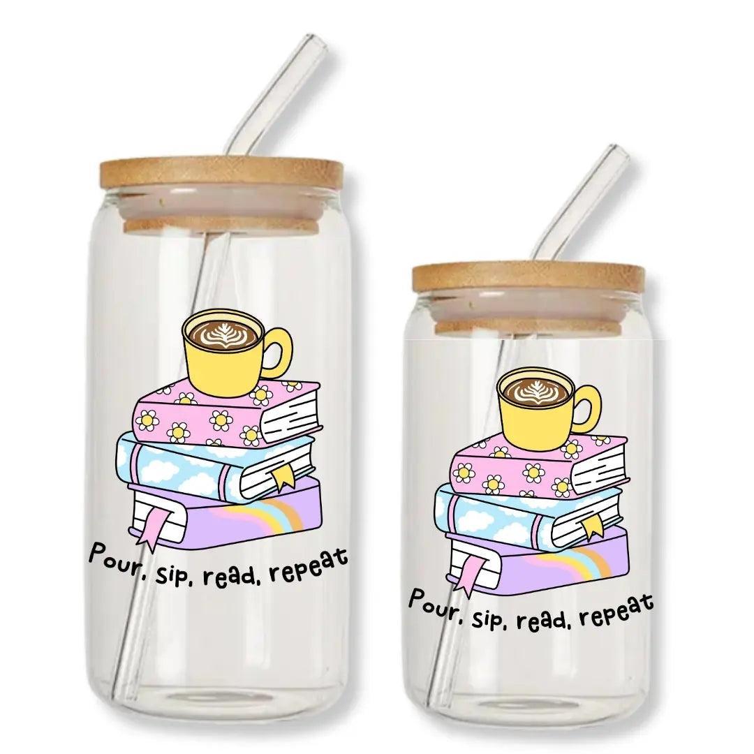 Pour, Sip, Read, Repeat Coffee Can Glass Tumbler with Bamboo Lid & Straw
