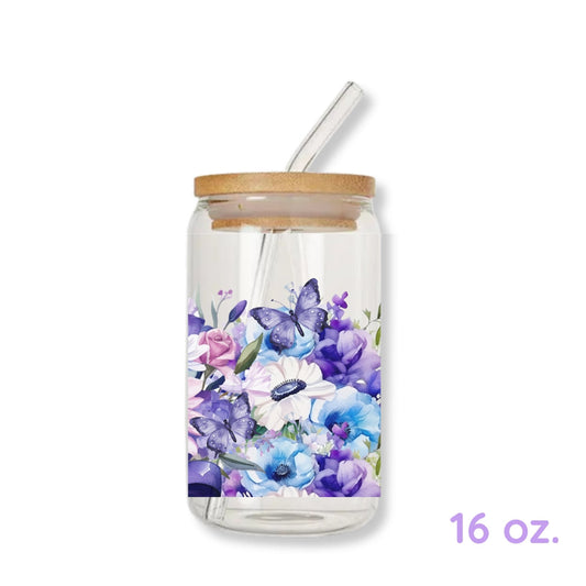 Purple Butterflies 16 oz. or 20 oz. Glass Can Cup Just So Happy