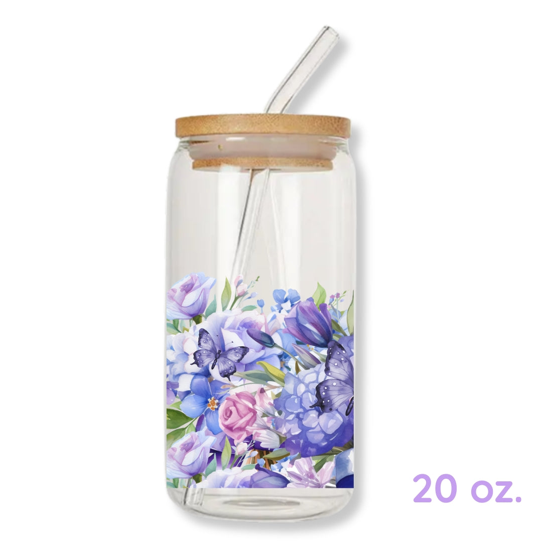 Purple Butterflies 16 oz. or 20 oz. Glass Can Cup Just So Happy