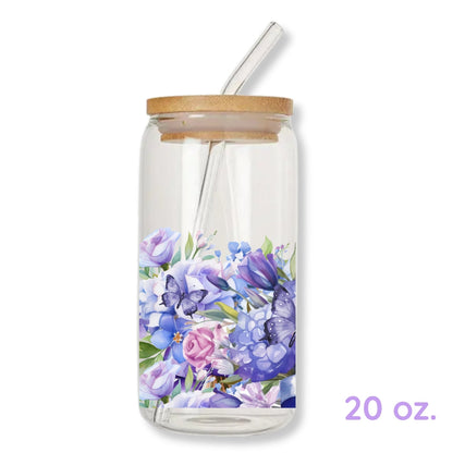Purple Butterflies 16 oz. or 20 oz. Glass Can Cup Just So Happy