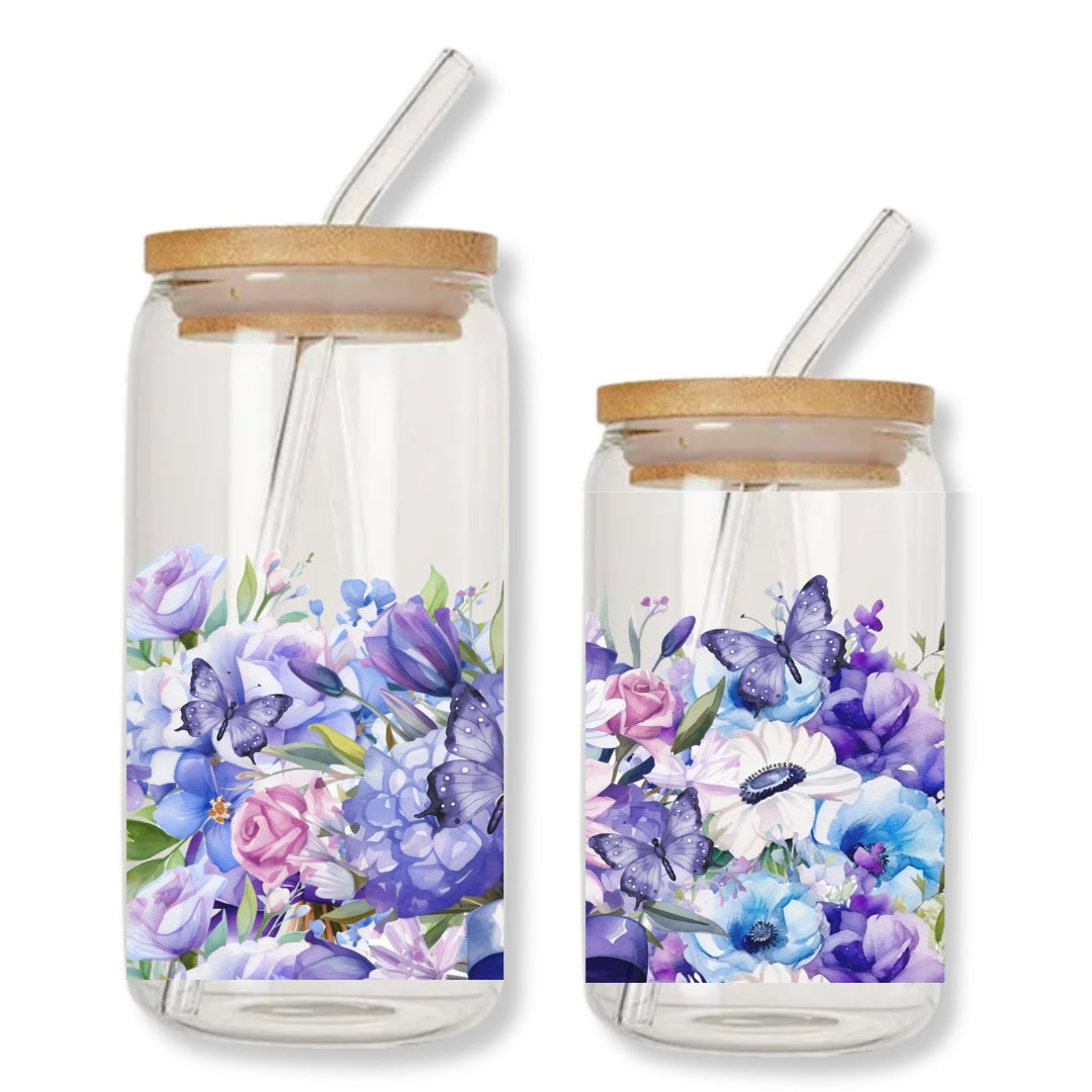 Purple Butterflies 16 oz. or 20 oz. Glass Can Cup Just So Happy