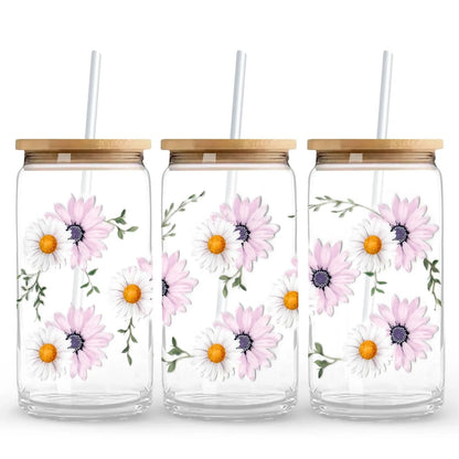 Purple & White Daisies 16 oz. or 20 oz. Glass Can Cup