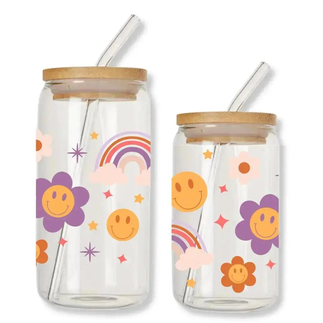 Rainbow & Smiley Face Cup Can Glass Tumbler with Bamboo Lid & Straw