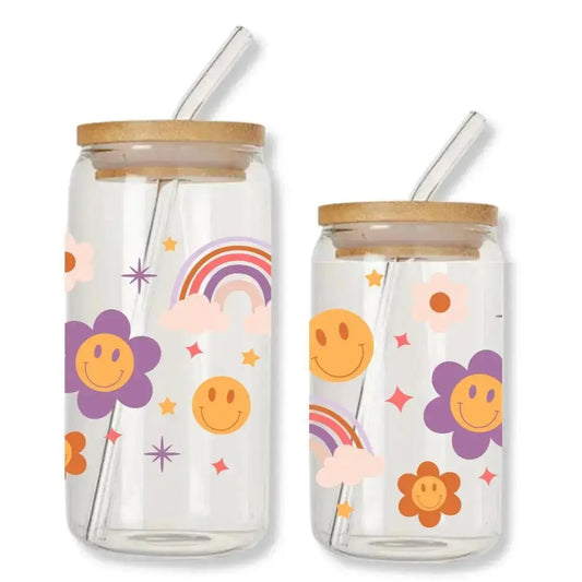Rainbow & Smiley Face Cup Can Glass Tumbler with Bamboo Lid & Straw