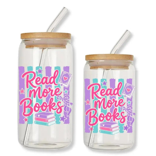 Read More Books Cup Pink with Purple Stripes 16 oz. or 20 oz. Glass Can
