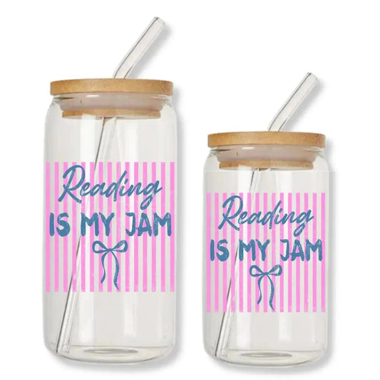 Reading is My Jam Cup Pink Stripes 16 oz. or 20 oz. Glass Can