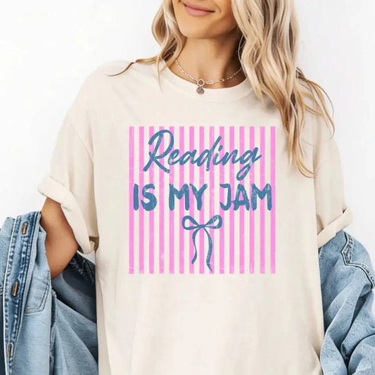 Reading is My Jam T-Shirt Pink Stripes