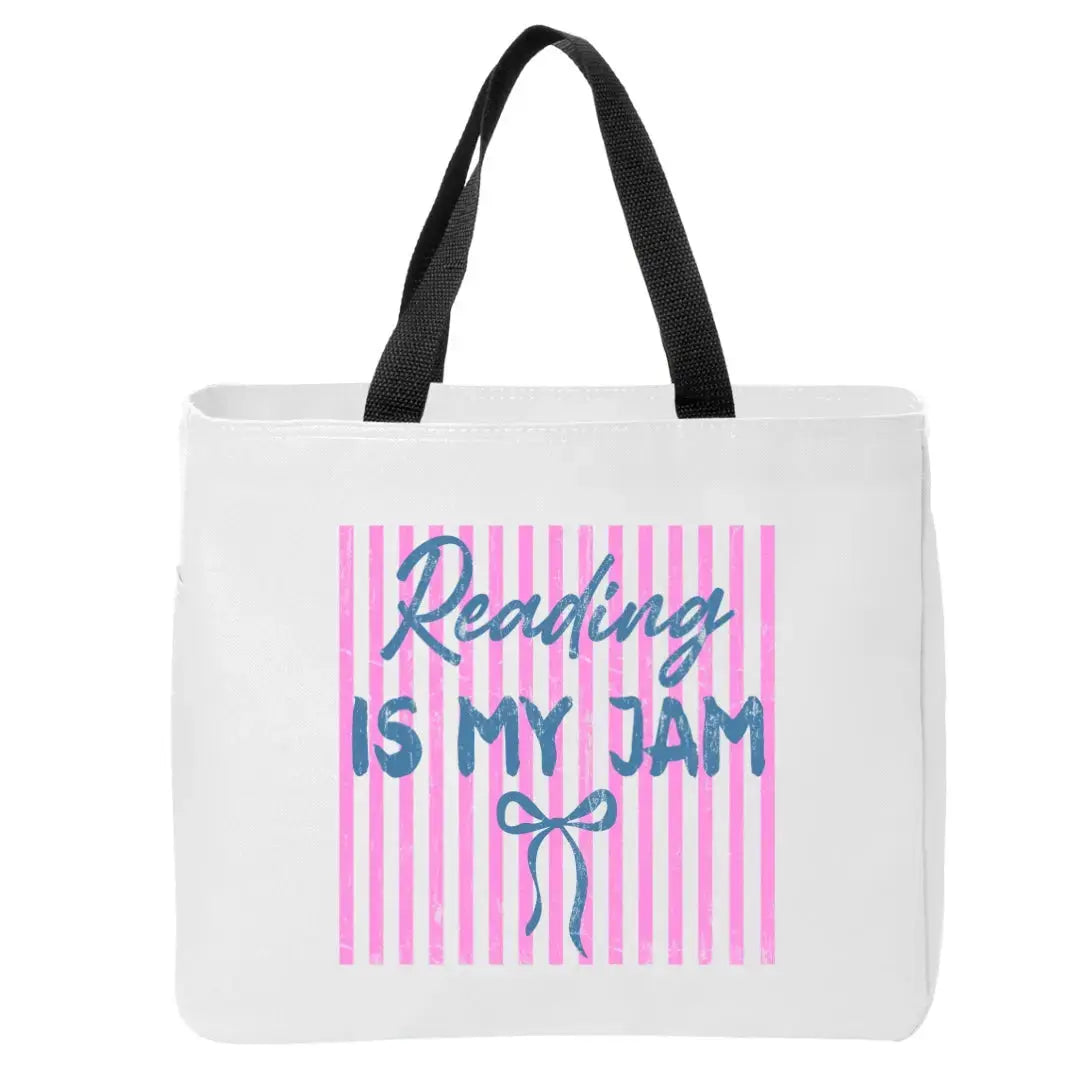Reading is My Jam Tote Bag with Pink Stripes and Bow