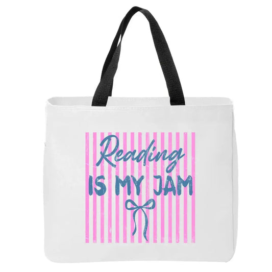 Reading is My Jam Tote Bag with Pink Stripes and Bow