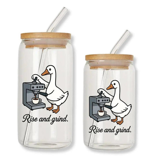 Rise and Grind Espresso Goose 16 oz. or 20 oz. Glass Can Cup