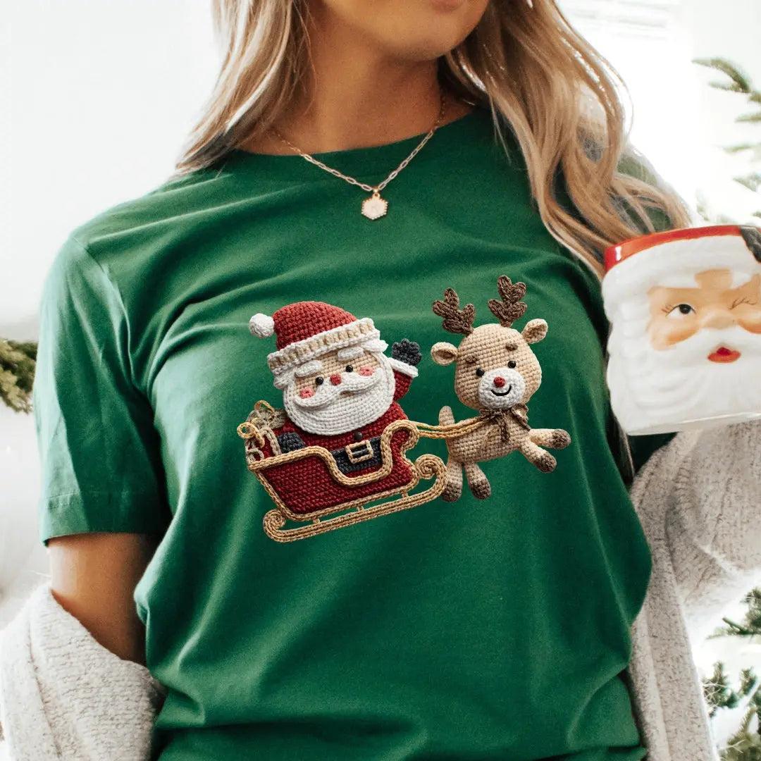 Santa Sleigh Christmas T-Shirt - Faux Yarn