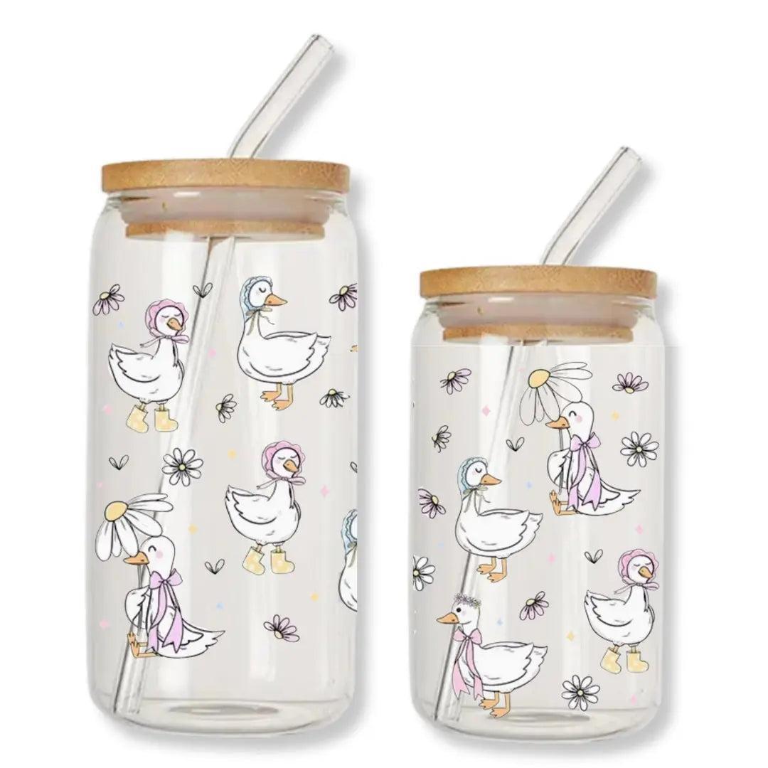 Silly Goose with Pink Bows 16 oz. or 20 oz. Glass Can Cup