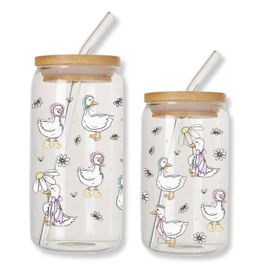 Silly Goose with Pink Bows 16 oz. or 20 oz. Glass Can Cup