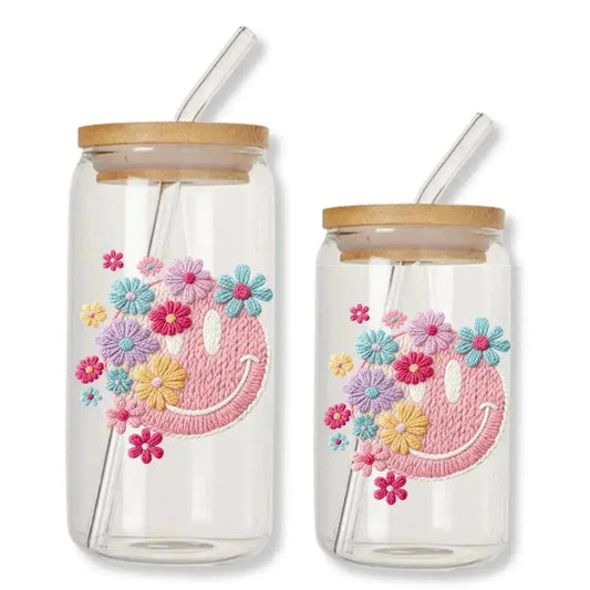 Smiley Face Cup Faux Yarn Pink Can Glass Tumbler with Bamboo Lid & Straw