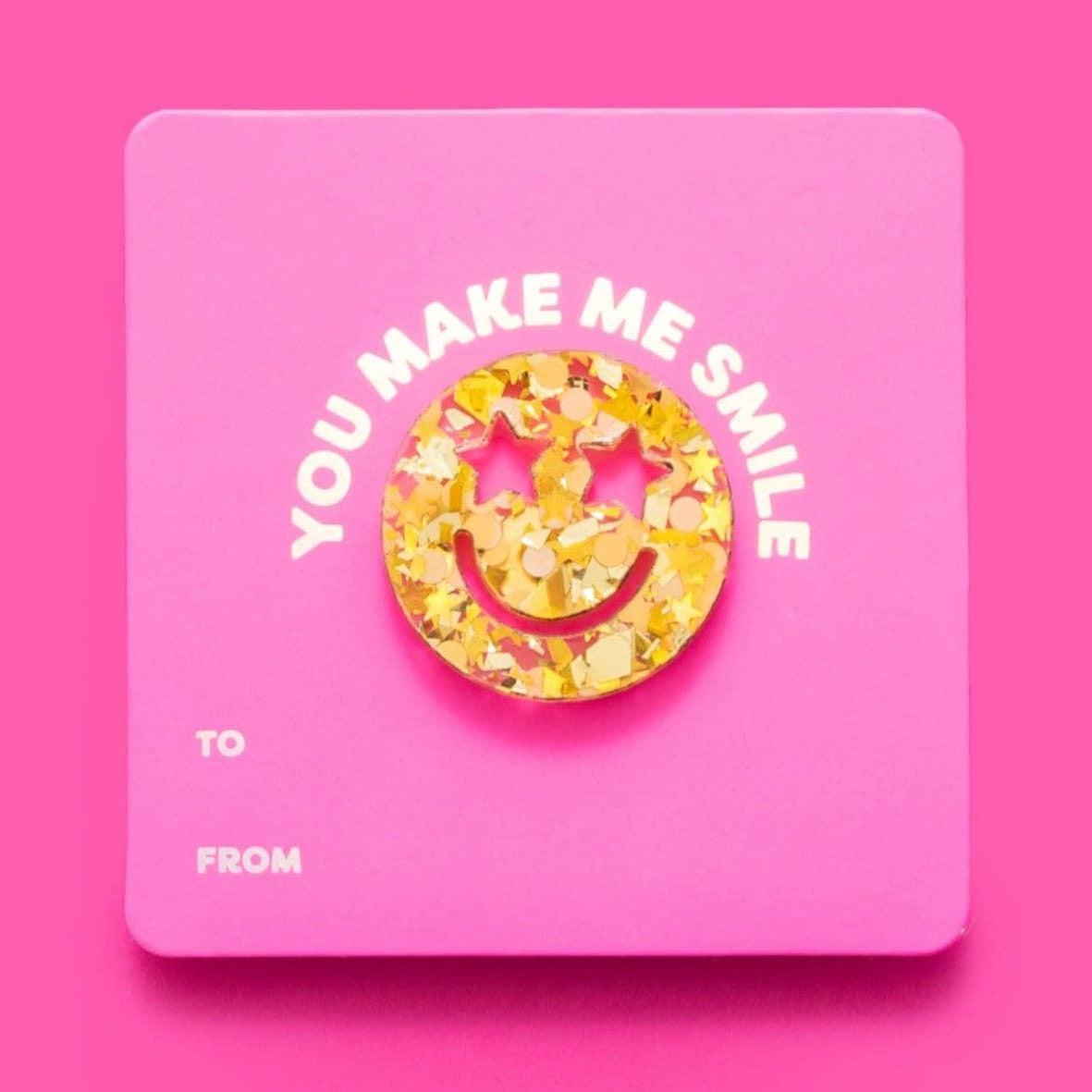 Smiley Face Pin + You Make Me Smile Affirmation Gift Card - Gold Confetti