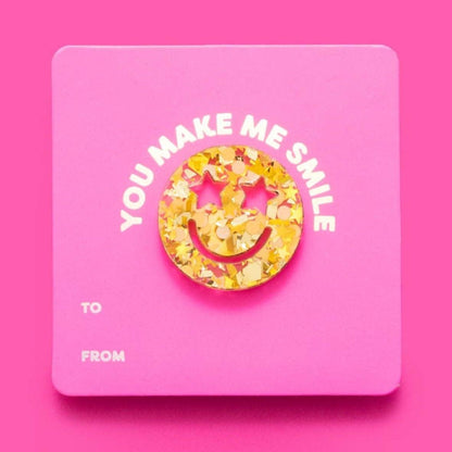 Smiley Face Pin + You Make Me Smile Affirmation Gift Card - Gold Confetti