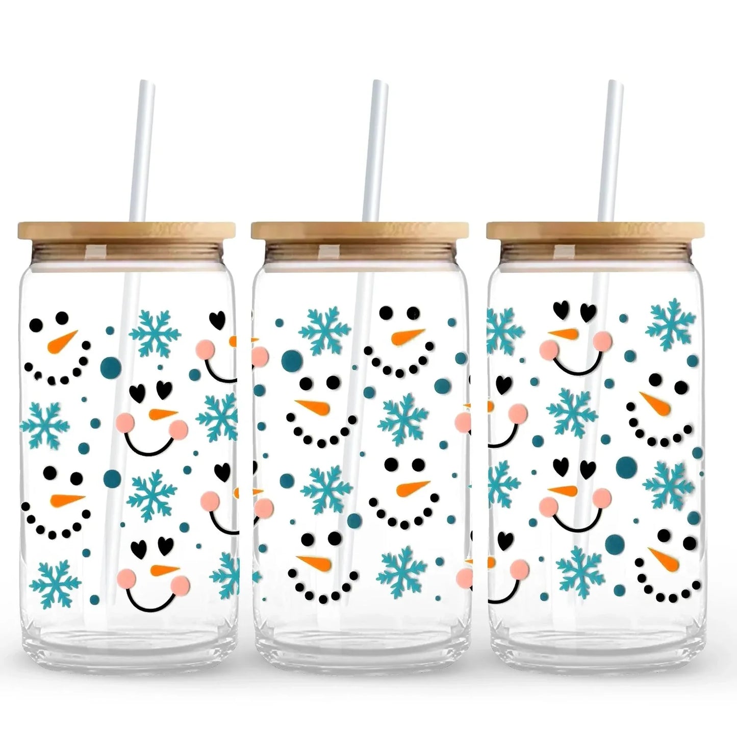 Snowman Faces & Blue Snowflakes 16 oz. or 20 oz. Glass Can Cup