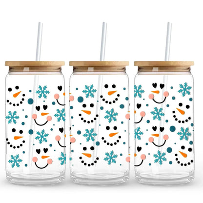 Snowman Faces & Blue Snowflakes 16 oz. or 20 oz. Glass Can Cup