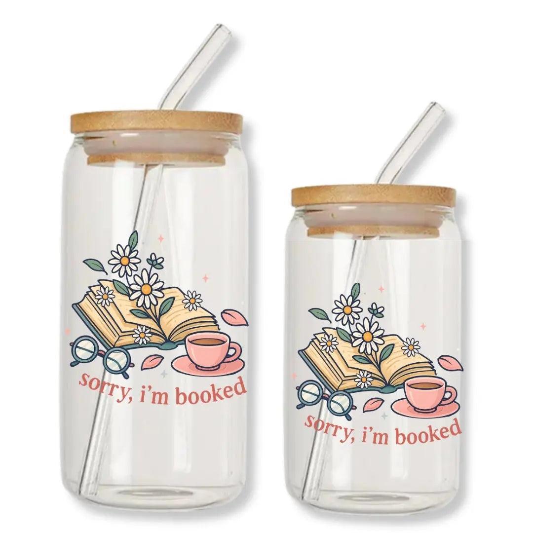 Sorry I'm Booked Can Glass Tumbler with Bamboo Lid & Straw