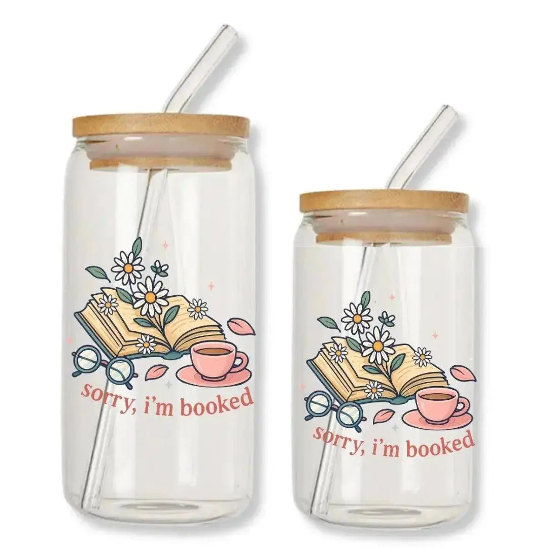Sorry I'm Booked Cup Can Glass Tumbler with Bamboo Lid & Straw