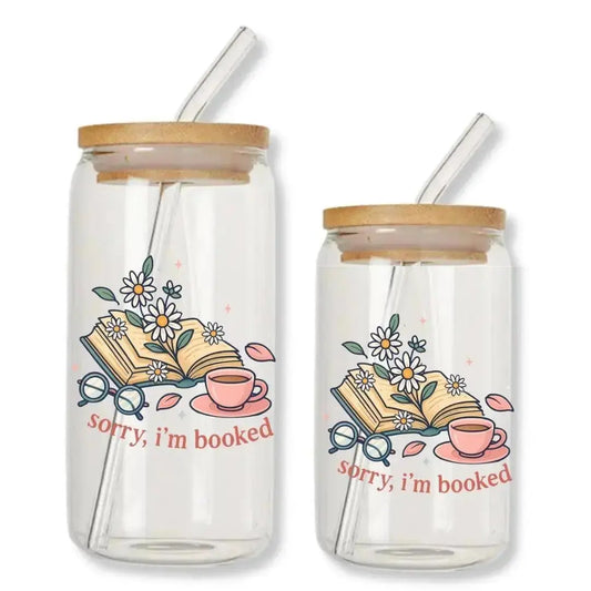 Sorry I'm Booked Cup Can Glass Tumbler with Bamboo Lid & Straw