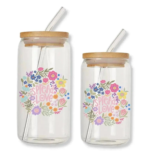 Spread Love Cup Floral Wreath Can Glass Tumbler with Bamboo Lid & Straw