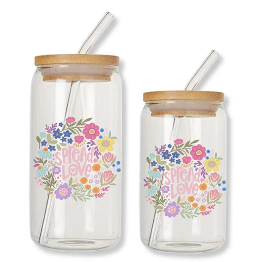 Spread Love Floral Wreath Can Glass Tumbler with Bamboo Lid & Straw