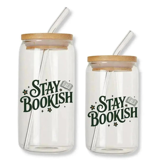 Stay Bookish Cup Can Glass Tumbler with Bamboo Lid & Straw