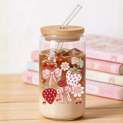 Strawberry Cup Coquette 16 oz. or 20 oz. Glass Can