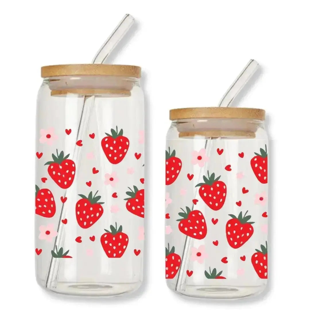 Strawberry Glass Cup with Pink Daisies Cup 16 oz. or 20 oz. Glass Can