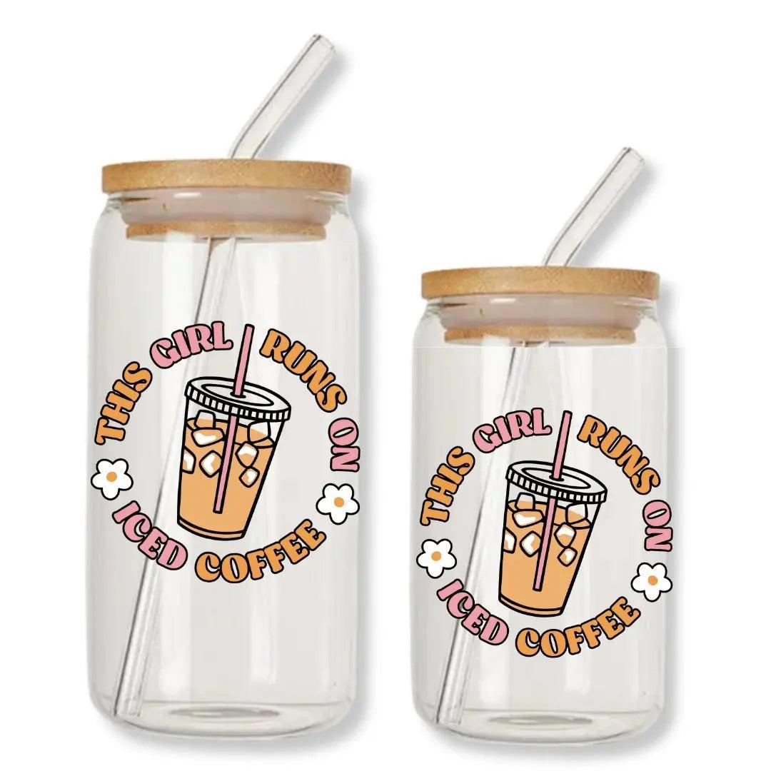 This Girl Runs on Iced Coffee Can Glass Tumbler with Bamboo Lid & Straw