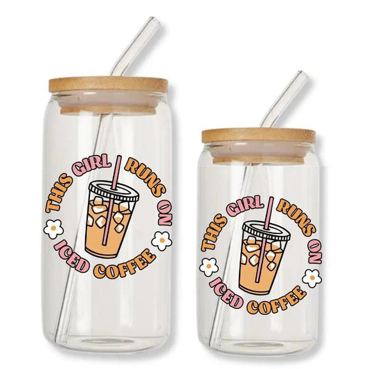 This Girl Runs on Iced Coffee Can Glass Tumbler with Bamboo Lid & Straw