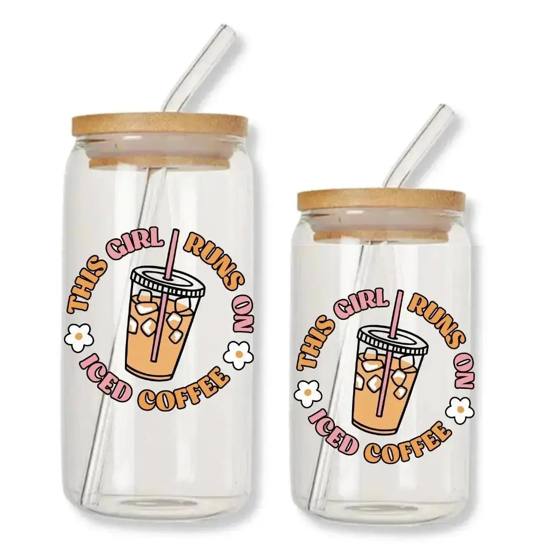 This Girl Runs on Iced Coffee Cup Can Glass Tumbler with Bamboo Lid & Straw