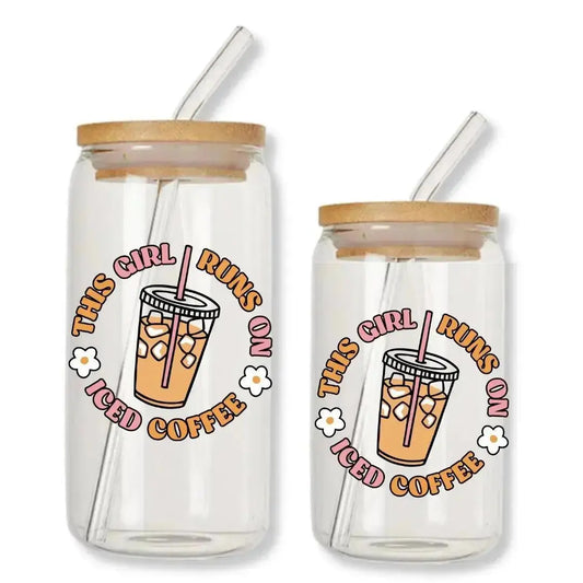 This Girl Runs on Iced Coffee Cup Can Glass Tumbler with Bamboo Lid & Straw