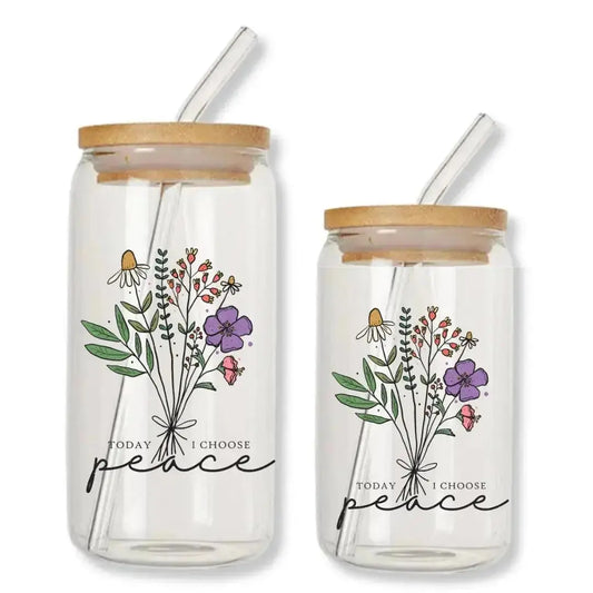 Today I Choose Peace Cup Can Glass Tumbler with Bamboo Lid & Straw