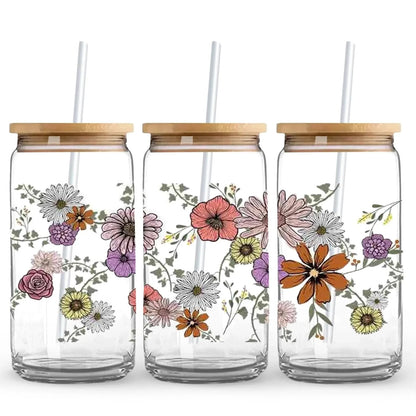 Vintage Floral 16 oz. or 20 oz. Glass Can Cup