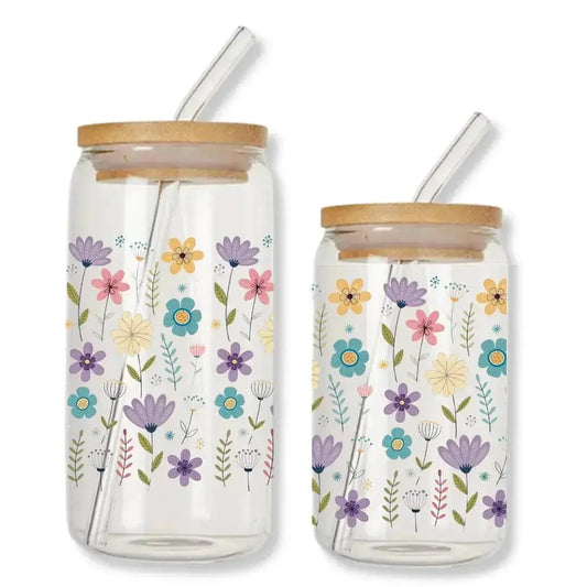 Wildflowers Cup Purple Can Glass Tumbler with Bamboo Lid & Straw