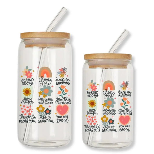 You Matter Choose Joy Life is Beautiful Can Glass Tumbler with Bamboo Lid & Straw Just So Happy